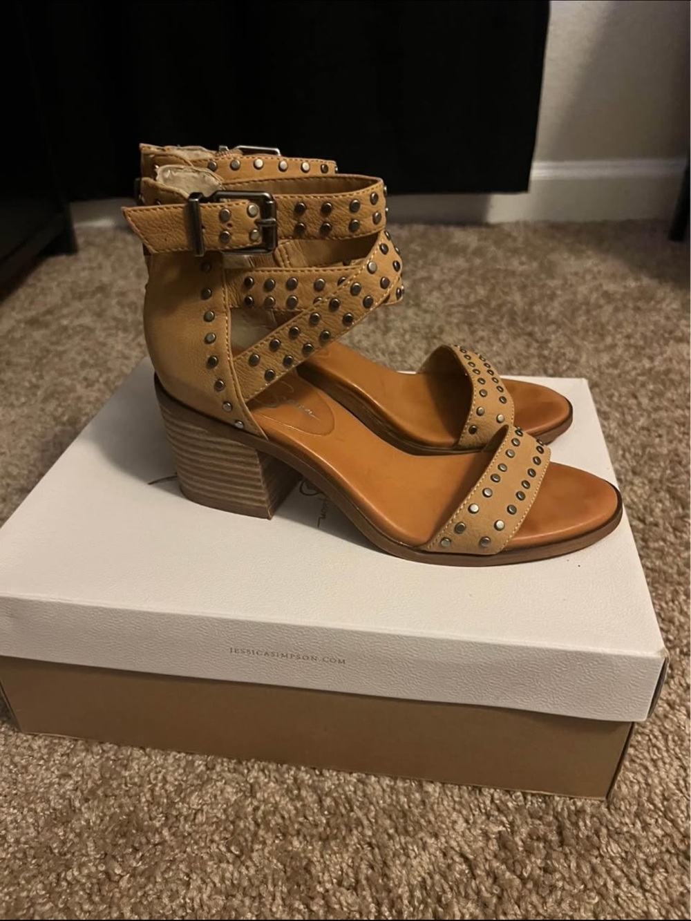 Jessica Simpson Tan Studded Block Heel Sandals